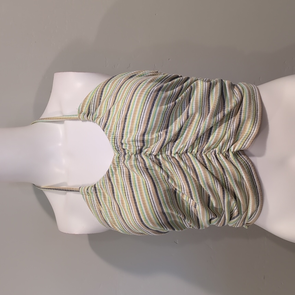 SHEIN Neutral Y2K Striped Ruched Front Cropped Halter Top In Green And White M